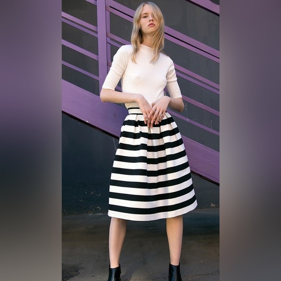 Haute Monde Dresses & Skirts - Haute Monde Black and White A-Line Skirt Medium Pleated Pockets Stripe Midi